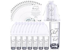 lot 63917 image: Wedding Favors for Guests Bulk 2oz Acrylic Take a Shot We Tied the Knot Shot Glasses with Thank You Cards Organza Bags for Guest Souvenir Wedding Bridal Shower Gifts. COUNT UNKNOWN, NEAR 100CT. - Retail $70