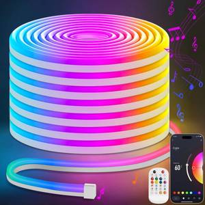lot 63919 image: LED Neon Rope Lights 32.8Ft, RGB LED Strip Lights Control with AppRemote, Music Sync Color Changing Waterproof Flexible Led Light Strip, Cuttable Gaming 24V Neon Lights for Bedroom Indoor. ADHESIVE NOT INCLUDED. - Retail $50