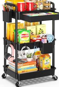 lot 63931 image: 3 Tier Rolling Cart with Drawer, Bathroom Storage Organizer with 2 Lockable Wheels, Multifunctional Rolling Storage Cart for Bathroom, Kitchen, Office, Craft, Makeup, Baby Essentials, Black - Retail $24