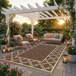 lot 63934 image: Reversible Outdoor Rug 5x8, Waterproof Outdoor Plastic Straw Rug with Interlacing Pattern, RV Mat for Picnics, Patio, Camping, Balcony, Deck, Backyard, Porch, Brown - Retail $25