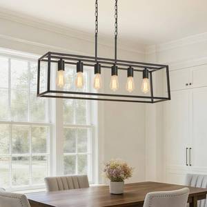 lot 63948 image: 6 Light Black Chandeliers for Dining Room, Adjustable Height Linear Chandelier Kitchen Light Fixture, Modern Farmhouse Chandelier Rectangle Island Light for Kitchen Hanging Light Fixtures - Retail $56