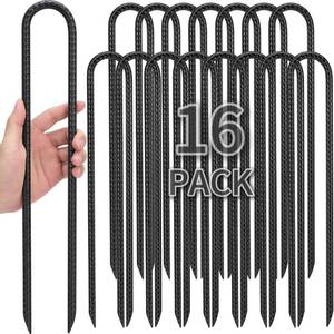 lot 63952 image: 16 Pack Trampolines Wind Stakes-16 Inch Long, 0.4 Inch Diameter Galvanized Steel U Hook Rebar Stakes, Multi-Purpose Heavy Duty Ground Anchors for Tent, Fences, Swing, Landscape, Black - Retail $40