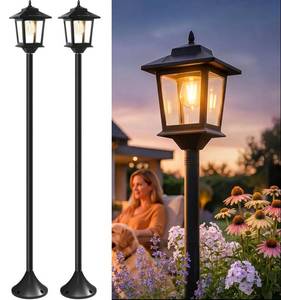 lot 63974 image: Outdoor Solar Post Lights, 2-Pack 63 Dusk to Dawn Solar Lamp Posts, Waterproof Floor Lamps, Warm White Pole Lights for Patio with Replaceable Bulb - Retail $40