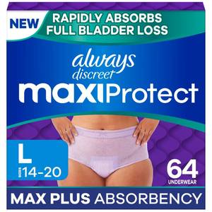 lot 63975 image: Always Discreet MaxiProtect Adult Diapers for Women, Incontinence Underwear, Scented, Postpartum Essentials, Bladder Leak Protection, Disposable Briefs, Maximum Plus Absorbency, Size L, 64 Count - Retail $52