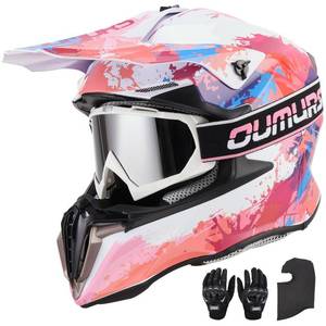 lot 63982 image: OUMURS Adult ATV Dirt Bike Helmet with Gloves & Mask Adjustable Sun Visor Motorcycle Adult Helmet Off-Road Motocross Downhill MX for Unisex-Adult - 806 Pink Splash, XXL - Retail $85