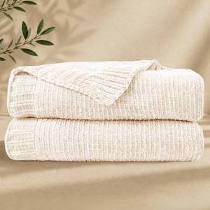 lot 63985 image: Chenille Throw Blanket for Couch, Cozy Soft Blanket Lightweight Decorative Throw for Living Room Sofa Chair, Stylish Home Decor, Ideal for Gifting, Ivory 50x60 - Retail $30