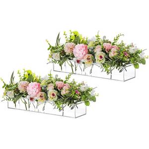lot 63989 image: Rectangular Acrylic Vases for Centerpieces, 16 Inches Long Floral Vase with Holes for Flowers, Clear Rectangle Box Tray for Roses Modern Flower Arranger for Wedding Home Dining Table Decor, 2pcs - Retail $40