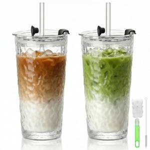 lot 63998 image: 2 Pack Glass Tumblers with Lids and Straws, 18 Oz High Borosilicate Iced Coffee Cup, Leak-Proof Reusable Drinking Cups for Smoothies, Tea, Juice, Milk, HotCold Beverages - Retail $9