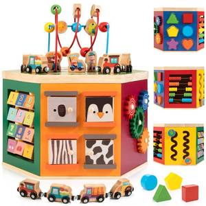 lot 64012 image: Large Activity Cube, 9-in-1 Farm-Themed Wooden Play Center, Multipurpose Montessori Toy for 1-2 Year Old Baby Toddler Kid, First Birthday Gift  Bonus Magnetic Train Cars - Retail $90