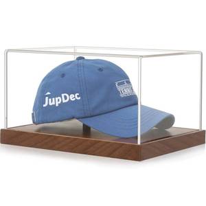 lot 64015 image: Hat Display Case, Clear Acrylic Baseball Cap Display Box Stand, UV Protection Signed Hat Transparent Showcase with Solid Wood Base Risers. HAT HOLDER MISSING. - Retail $40