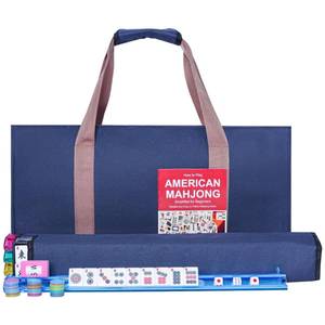 lot 64028 image: American Mahjong Game Set, 166 Premium White Tiles, 4 All-in-One Color RackPushers, Complete Mahjong Set Blue Carrying Bag - Retail $70