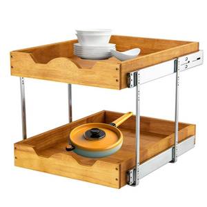 lot 64029 image: 2 Tier Pull Out Cabinet Organizer (14 W x 18 D) Slide Out Wood Drawer, Two Tier Sliding Shelf Organization and Storage�� - Retail $106