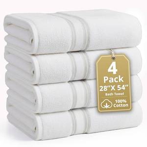 lot 64034 image: 100% Cotton 4 Pack Bath Towels (28x54) - Zero Twist, Cotton - Large Towels for Bathroom - Quick Drying, Highly Soft & Absorbent Shower Towel Set - Hotel & Spa Quality - White Towel Set - Retail $34