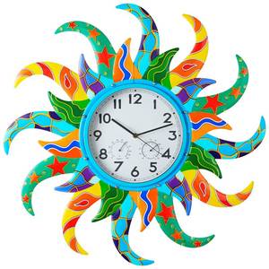 lot 64036 image: Large Blue Sun Outdoor Clock with Thermometer and Hygrometer Combo, Silent No-Ticking Outdoor Wall Clock, Waterproof Quartz Clock for Patio, Living Room, Kitchen, Garden, 25 Inch - Retail $60