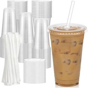 lot 64045 image: 100 Pack - 20 oz Clear Plastic Cups with Lids and Straws, Sturdy & Food Safe Iced Coffee Cups with lids, Disposable Plastic Smoothie Cups for Cold Drinks - Retail $28