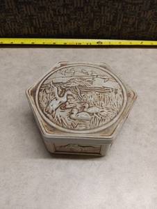 lot 2008 image: Avon Ceramic Hexagonal Box with Wildlife Relief Design, Made in Brazil 1980