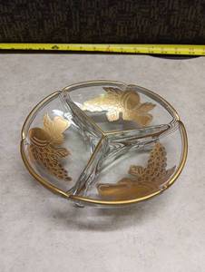 lot 2022 image: Glass Divided Relish Dish with Gold Fruit Decoration and Handle