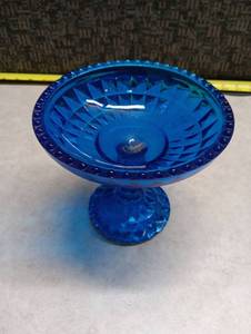 lot 2023 image: Blue Pedestal Compote Bowl with Beaded Rim and Radiating Interior Pattern
