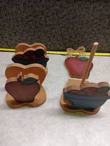 lot 2028 image: Wooden Kitchen Decor Set Apple Basket Cutting Board Utensils