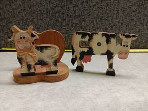 lot 2043 image: Wooden Cow Figurines Hand-Painted Set of 2