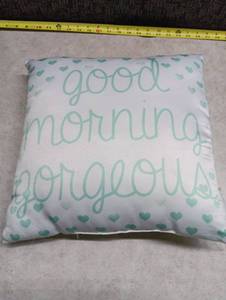 lot 2059 image: Decorative Throw Pillow with Good Morning Gorgeous Text and Heart Pattern