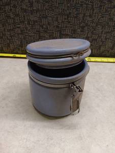 lot 2083 image: Gray Hinged Airtight Container with Handles Approximately 5-6 Inches Diameter