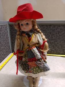 lot 2097 image: Doll Cowgirl with Red Hat and Patchwork Skirt, Approximately 10 Inches