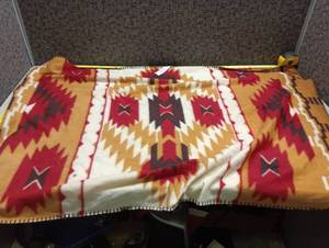 lot 2110 image: Geometric Pattern Blanket with Whipstitched Edges Red Gold Cream Brown