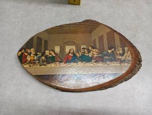 lot 2131 image: The Cherokees Last Supper Religious Print Wood Slice Wall Plaque