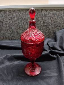 lot 5 image: Red Glass Covered Candy Dish with Lid and Finial - Cadmium Glow