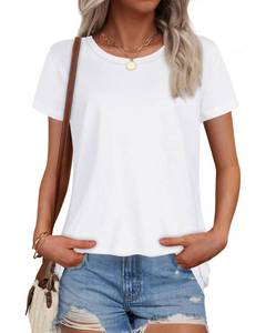 lot 17788 image: Women Summer Short Sleeve Crewneck Casual Cute Graphic Basic Tees Tops, Solid White, M - Retail $10