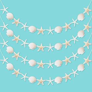 lot 17789 image: 4 Pack 40ft Starfish Seashell Garland Ocean Coastal Nautical Party Decoration White Finger Starfish Sea Shell Cutouts Hanging Bunting Banner Under The Sea Mermaid Wish Birthday Beach Decor - Retail $14