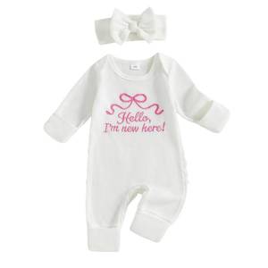 lot 17814 image: Baby Girls Clothes She Is Here Embroidery Romper Bow Waffle Knit Ruffled Newborn Infant Winter Fall Outfit with Headband (Im New Here White, Newborn) - Retail $19