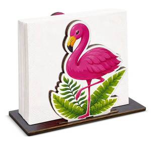 lot 17823 image: Summer Flamingo Wooden Napkin Holder for Table, Cute Tropical Flamingo Wood Napkin Dispenser for Home Kitchen Dining Room Decor Napkins Tissue Holder (broken piece) - Retail $9