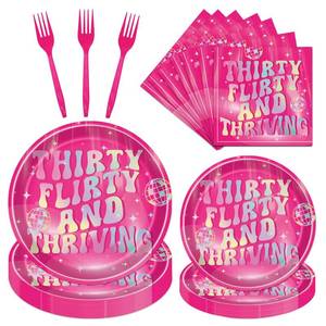 lot 17825 image: Thirty Flirty and Thriving Decorations Tableware, 96PCS 30 Flirty and Thriving Birthday Disposable Paper Plates and Napkins Decoration, Talk 30 to Me Forks Decor Serve for 24 - Retail $18