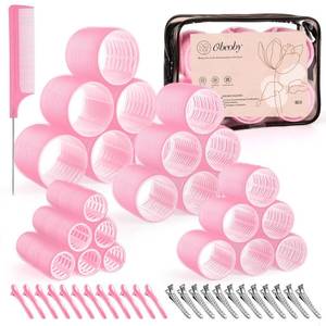 lot 17827 image: 4 Sizes Self-Grip Hair Rollers Set for Long, Short Hair and Bangs - 50 Pcs with Clips (25mm, 36mm, 48mm, 60mm), Pink missing medal clip - Retail $10