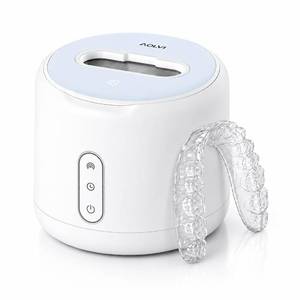 lot 17842 image: Ultrasonic Retainer Cleaner Machine, IPX6 Waterproof Denture Cleaner, 3 Modes Dental Cleaning Pod with RGB Indicator, 45kHz Mouth Guard Cleaner with UV Light, 200ML Tank, White - Retail $37