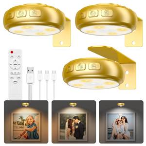 lot 17845 image: 3 Pack Picture Light for Wall with 1200mAh Rechargeable Battery Operated Lights Remote Dimmable Timer Painting Light Magnetic 3 Adjustable Lighting RGB Modes Wall Decor Lights for Living(Gold) - Retail $10