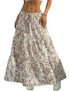 lot 17859 image: Womens Boho Floral Maxi Skirt Flowy Flared Ruffle Elastic Waist A Line 2026 Spring Summer Beach Long Skirts Apricot Flower S - Retail $30