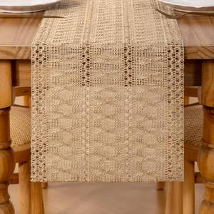 lot 17868 image: Boho Burlap Table Runner Easter Farmhouse Macrame Small Table Runner Woven Jute Fabric 60 Inches Cotton Linen Kitchen Table Decor for Spring Dining Dresser Home Everyday Use - Retail $10