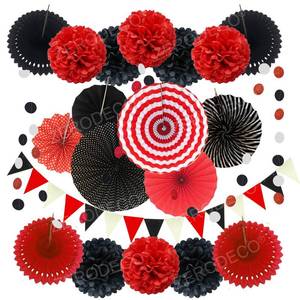 lot 17880 image: Party Decoration, 21 Pcs Black and Red Hanging Paper Fans Pom Poms Flowers, Garlands String Polka Dot and Triangle Bunting Flags for Minnie Mouse Birthday Parties Baby Showers Wedding - Retail $12