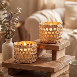 lot 17904 image: 2 Pack Wicker Rattan Woven Tea Light Candle Holder Kit Rustic Handcraft Rattan Woven Candle Holder with Glass Cup Vintage Tealight Farmhouse Votive Candlestick Decor for Dining Wedding - Retail $12