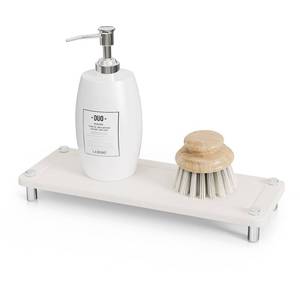 lot 17939 image: Kitchen Sink Caddy Water Absorbing Stone Tray For Sink, Diatomite Bathroom Countertop Tray Organizer, Faucet Stone Drying Mat Coaster Soap Dish Sponge Dispenser Holder (White) - Retail $8