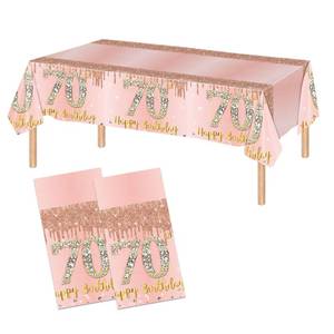 lot 17945 image: 2PCS Pink Rose Gold 70th Birthday Tablecloth 70th Birthday Table Cover Party Supplies Happy 70st Party Decorations for Women Plastic Disposable Gathering Table Cloth (54x108) - Retail $12