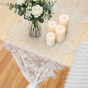 lot 17946 image: 12 Pcs White Lace Table Runners 14 x 120 Inch Vintage Table Runner for Wedding Bridal Shower Baby Shower Party Table Decoration Rustic Rose Embroidered Boho Table Runner (stain) - Retail $27