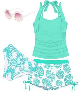 lot 17951 image: Girls Swimsuit 4 Piece Bathing Suit Halterneck Teen Girls Tankini Sets Swim Shorts with Sunglasses for 8-15Y (US, Age, 8 Years, 9 Years, Light Green) - Retail $20