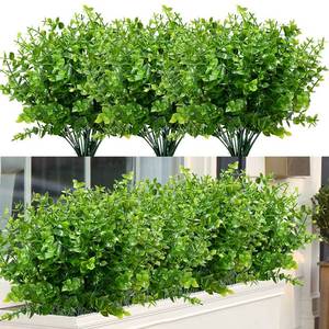 lot 17953 image: 8 Bundles Outdoor Artificial Boxwood UV Resistant Fake Stems Plants, Faux Plastic Greenery for Indoor Outside Hanging Plants Garden Porch Window Box Home Wedding Farmhouse D�cor - Retail $12