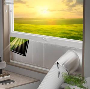 lot 17973 image: Portable ac Window Vent kit��Titanium SilverBlack 100% Light Block��- Universal Thick Portable Air Conditioner Window Seal for AC and Tumble Dryer - 100% Sealing Waterproof Adjustable(Medium) - Retail $12