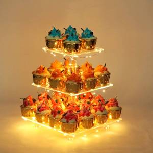 lot 17985 image: 3 Tier Clear Square Cupcake Stand - Premium Cupcake Holder - Acrylic Cupcake Tower Display - Candy Bar Party D�cor  LED Light String - Ideal for Weddings, Birthday Parties (Yellow Light) - Retail $17
