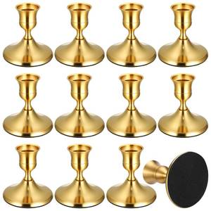 lot 17990 image: 12PCS Brass Gold Taper Candle Holders Set, Vintage Metal Candlestick Holders for Table Centerpiece, Wedding Reception, Festive Christmas Mantel Decoration or Home Decor - Retail $19